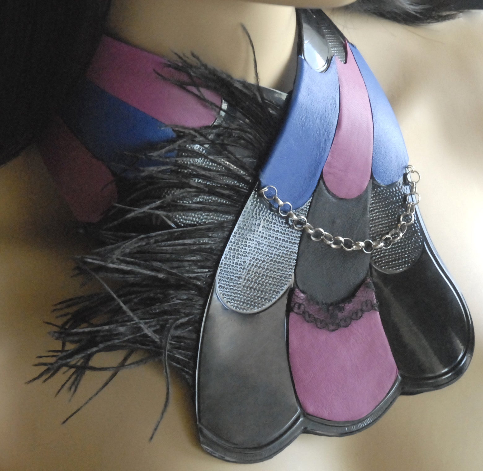 Wings necklace pink, blue and black