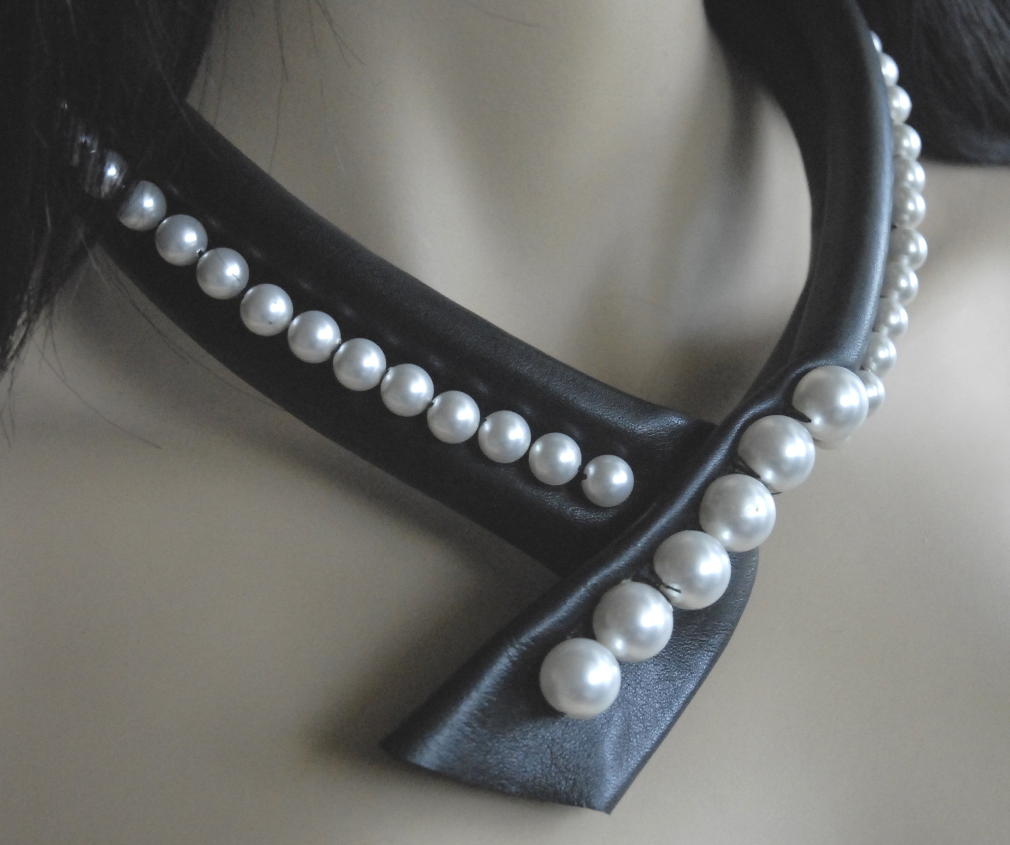Black leather crystals pearls necklace