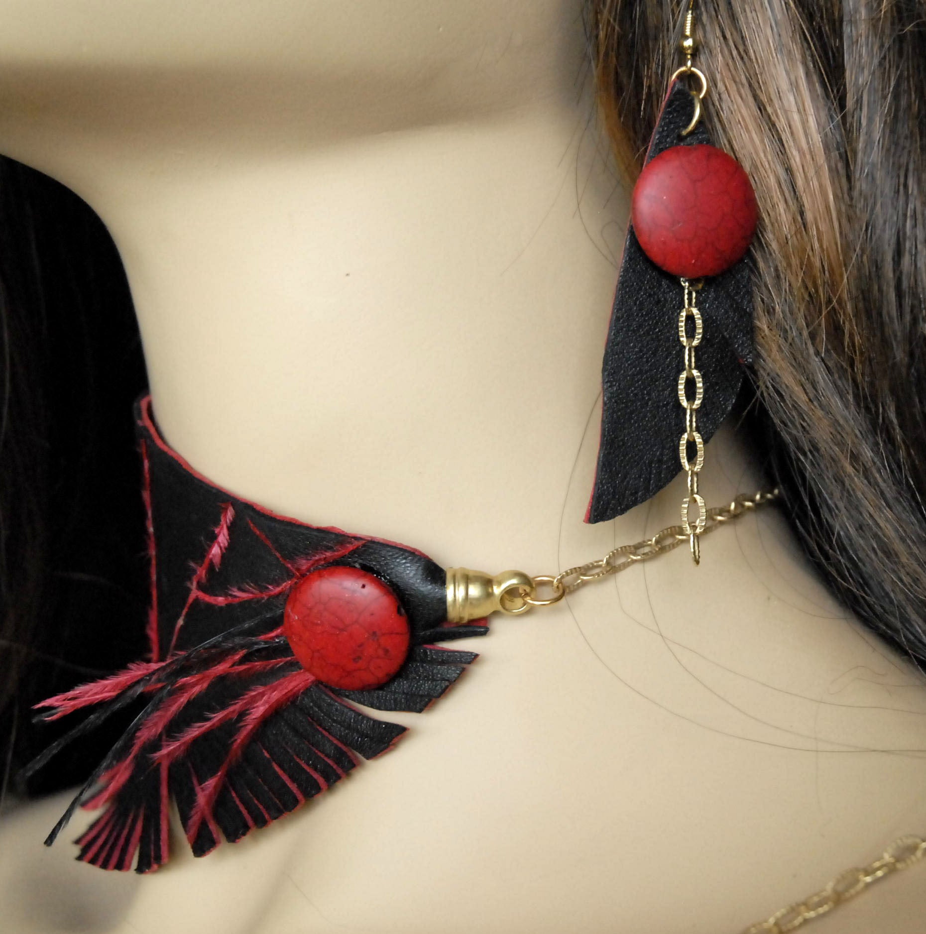 Earrings red and black leather